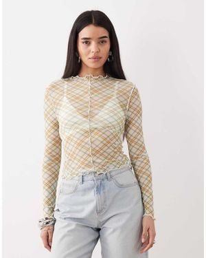 ASOS Mesh Long Sleeve Lettuce Hem Top - White