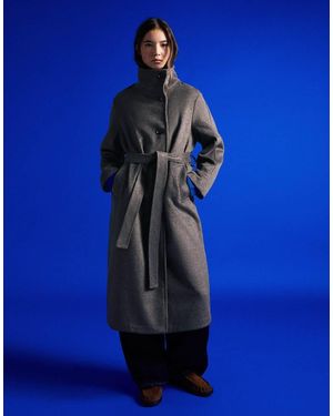 Bershka Cappotto Lungo Con Collo A Imbuto E Cintura Grigio - Blu