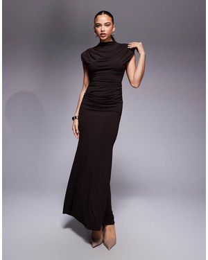 TFNC London Slinky Draped High Neck Shoulder Pads Open Back Maxi Dress - Brown