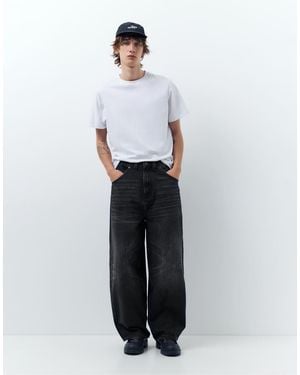 Pull&Bear Embroidered Super Baggy Jeans - White