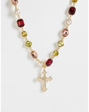 Reclaimed Vintage Gem Stone Choker Necklace With Pearl Detail - Metallic
