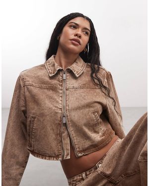 Liquor N Poker Boxy Zip Up Denim Jacket - Brown