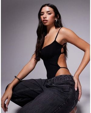 Tiger Mist Minerva Square Neck Slinky Cami Strappy Thong Detail Body - Black