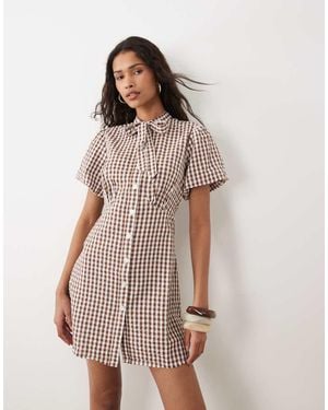 Wednesday's Girl Tie Collar Detailed Puff Sleeve Button Mini Dress - Brown