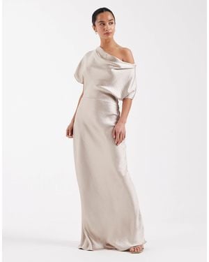TFNC London Bridesmaids Off Shoulder Satin Maxi Dress - White