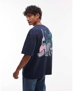 TOPMAN Oversized Fit T-shirt With Front And Back Fruit And Wine Print - Blue