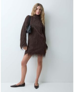 ASOS Fluffy Mini Jurk Met Lange Mouwen En Opstaande Hals - Bruin