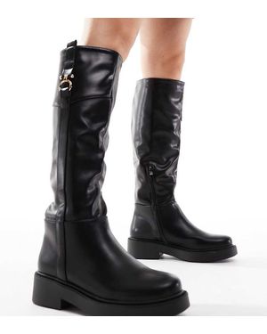 SEQWL Wide Fit Knee High Flat Riding Boots - Black