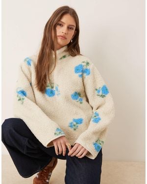 JJXX Half Zip Teddy Jacket With Floral Print - Blue