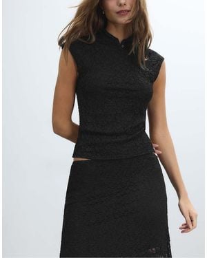 Stradivarius Lace Qipao Inspired Style T-shirt With Mandarin Collar - Black