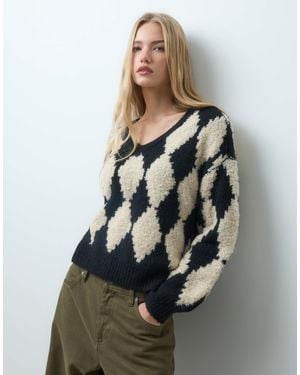 Vero Moda Oversized Textured V Neck Jumper Black And White Check - Multicolour
