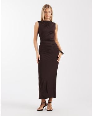 4th & Reckless Slinky Sleeveless Ruched Slash Neck Maxi Dress - Brown
