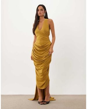 ASOS Vestido Midi Con Escote Pronunciado, Espalda Abierta Y Cola En -Negro - Metálico