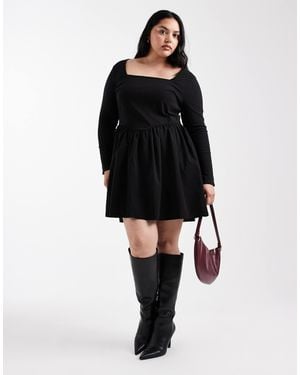 ONLY Long Sleeve Square Neck Mini Skater Dress - Black