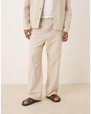 ASOS Pull On Wide Leg Suit Trouser With Linen - Natural