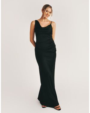 fitted lace wedding dress Cowl Neck Satin Maxi Dress with Side Slit in Black – Shop Hearts main image 1