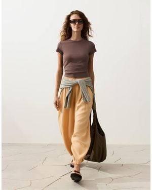 Oysho 100% Linen Pleated Balloon Trousers - Natural