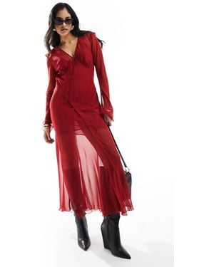 Mango V Neck Spot Print Midi Dress - Red