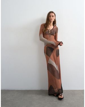 TOPSHOP Knitted Abstract Mesh Long Sleeve Maxi Dress - Brown