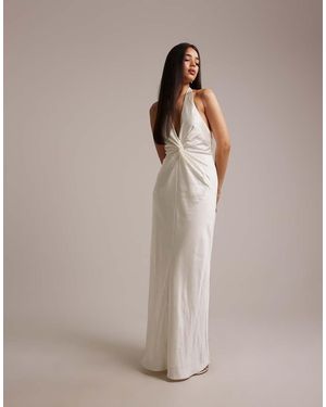 Six Stories Bridesmaids Satin Plunge Neck Knot Detail Maxi Dress - Natural