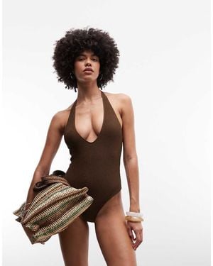 Monki Crinkle Plunge Swimsuit - Brown