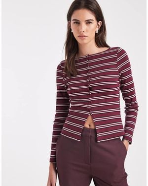 New Look Stripe Button Through Long Sleeve Top - Purple