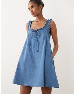 ASOS Denim Frill Detail Mini Dress With Pockets - Blue
