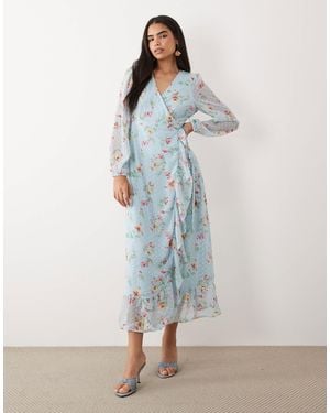 Vila Textured Wrap Maxi Dress With Frill Detailing - Blue