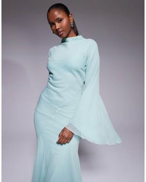 ASOS Long Sleeve High Neck Maxi Dress With Ruffle Godets And Flute Sleeves - Blue
