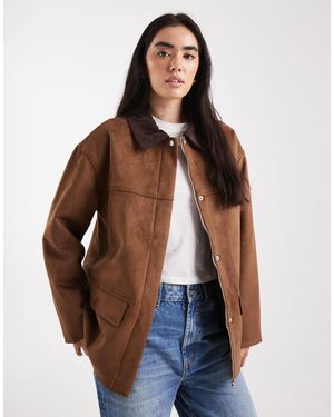 4th & Reckless Faux Suede Contrast Collar Barn Jacket - Brown