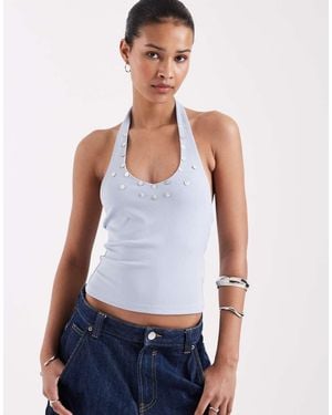 Motel Amita Button Ribbed Knit Halter Top - White