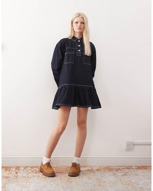 Collusion Denim Long Sleeve Smock Mini Dress - Blue