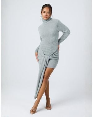 Aria Cove Fluffy Knit Turtle Neck Knot Front Drape Detail Mini Dress - Grey