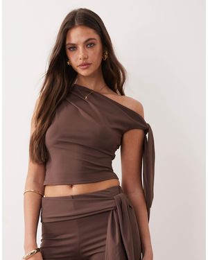 The Frolic Exclusive Slinky Asymmetric Shoulder Drape Side Top Co-ord - Brown