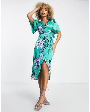 Liquorish Satin Wrap Front Midaxi Dress - Blue