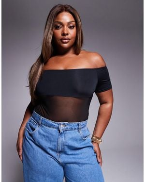 ASOS Asos Design Curve Bardot Slinky Mesh Panel Bodysuit - Blue