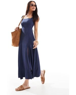Stradivarius Milkmaid Midi Dress With Slit - Blue
