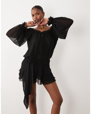 Oh Polly Chiffon Off Shoulder Balloon Sleeve Layered Skirt Tie Detail Mini Dress - Black