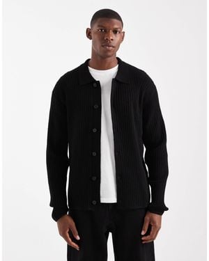 Jack & Jones Premium Ribbed Cardigan With Collar - Black