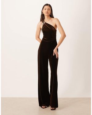 Mango One Shoulder Velvet Jumpsuit - Natural