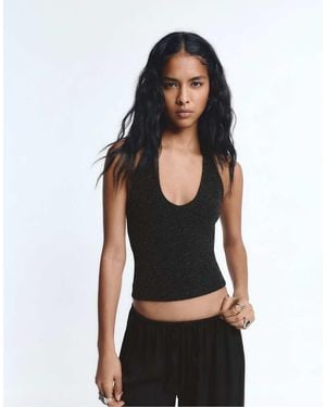 Pull&Bear Shimmery Fabric Halter Top - Black