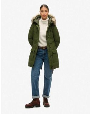 Superdry Hooded Faux Fur Down Parka Coat - Green