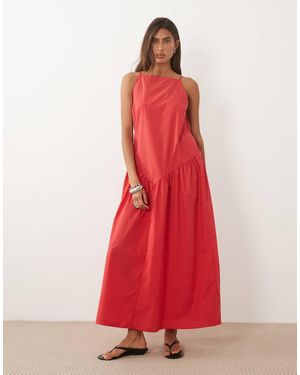ASOS Vestido Largo Con Cuello Barco Y Cintura Baja De Popelina - Rojo