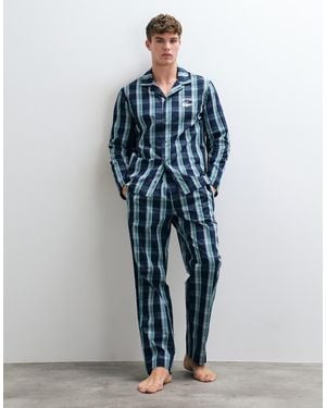 Lacoste Conjunto De Pijama De Popelina A Cuadros Con Bolsillo Con Logo En - Azul