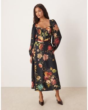 Hope & Ivy Button Front Midi Day Dress With Open Back - Multicolour