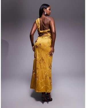 ASOS Embroidered One Shoulder Tuck Drape Midaxi Dress - Yellow