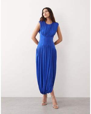 ARRANGE Gathered Drape Maxi Dress With Cinched Waist - Blue