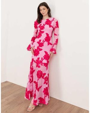 Maya Floral Applique Long Sleeve Mesh Maxi Dress - Pink