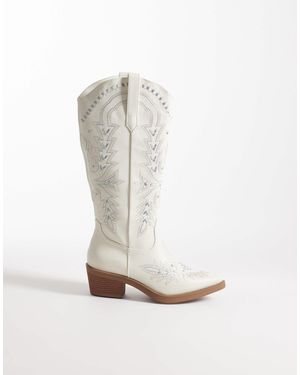 Glamorous Embroidered Western Knee Boots - White