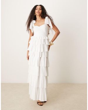 LACE & BEADS Bow Shoulder Tiered Tulle Maxi Dress - Natural